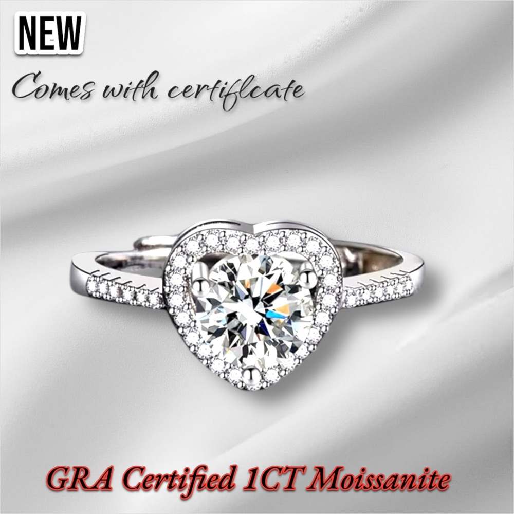 New Sterling Silver S925 GRA Certified 1CT Moissanite Adjustable Ring VVS1